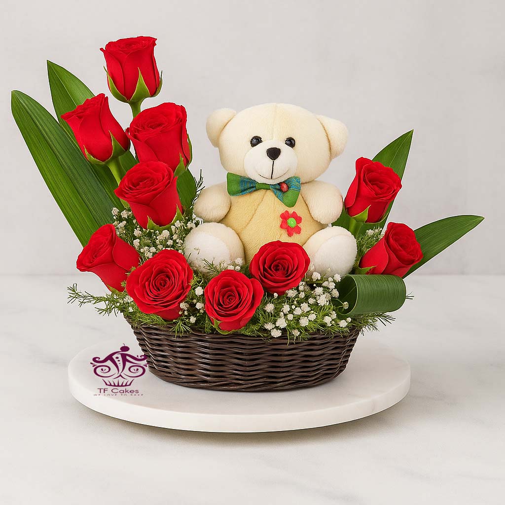 Red Roses Basket with Teddy - TF Cakes Online Delivery Freshly baked handcrafted Red Roses Basket with Teddy – Cake design by TF Cakes