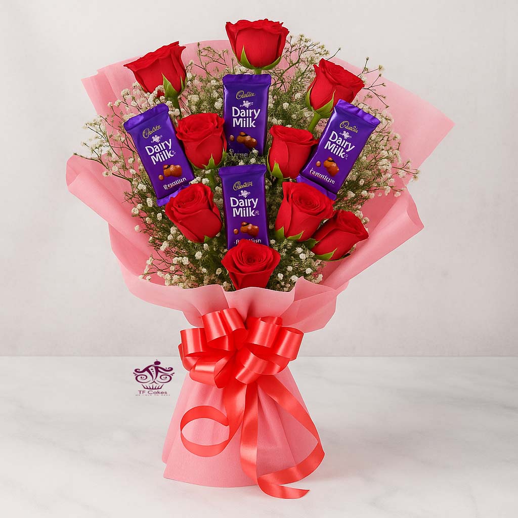 Rose & Dairy Milk Chocolate Bouquet - TF Cakes Online Delivery Freshly baked handcrafted Rose & Dairy Milk Chocolate Bouquet – Cake design by TF Cakes