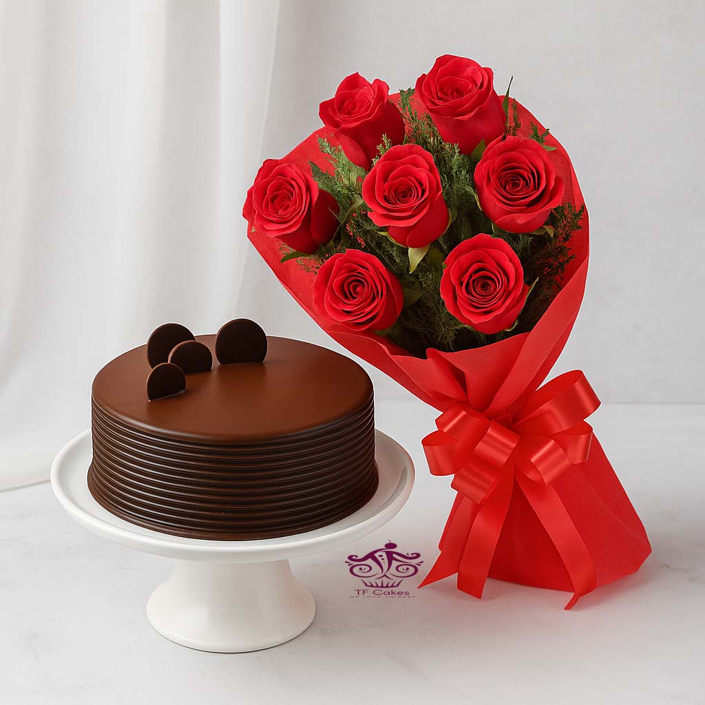 Chocolate Cake & Roses Combo - TF Cakes Online Delivery Freshly baked handcrafted Chocolate Cake & Roses Combo – Cake design by TF Cakes