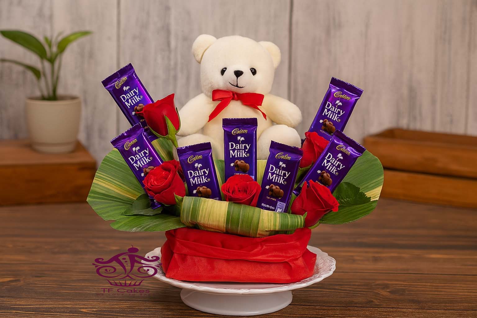 Teddy & Dairy Milk Chocolate Gift Basket - TF Cakes Online Delivery Freshly baked handcrafted Teddy & Dairy Milk Chocolate Gift Basket – Cake design by TF Cakes