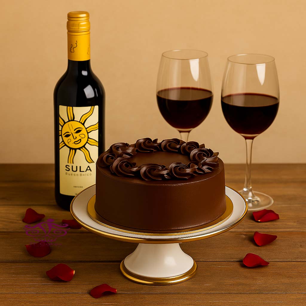 Wine & Chocolate Cake Combo - TF Cakes Online Delivery Freshly baked handcrafted Wine & Chocolate Cake Combo – Cake design by TF Cakes