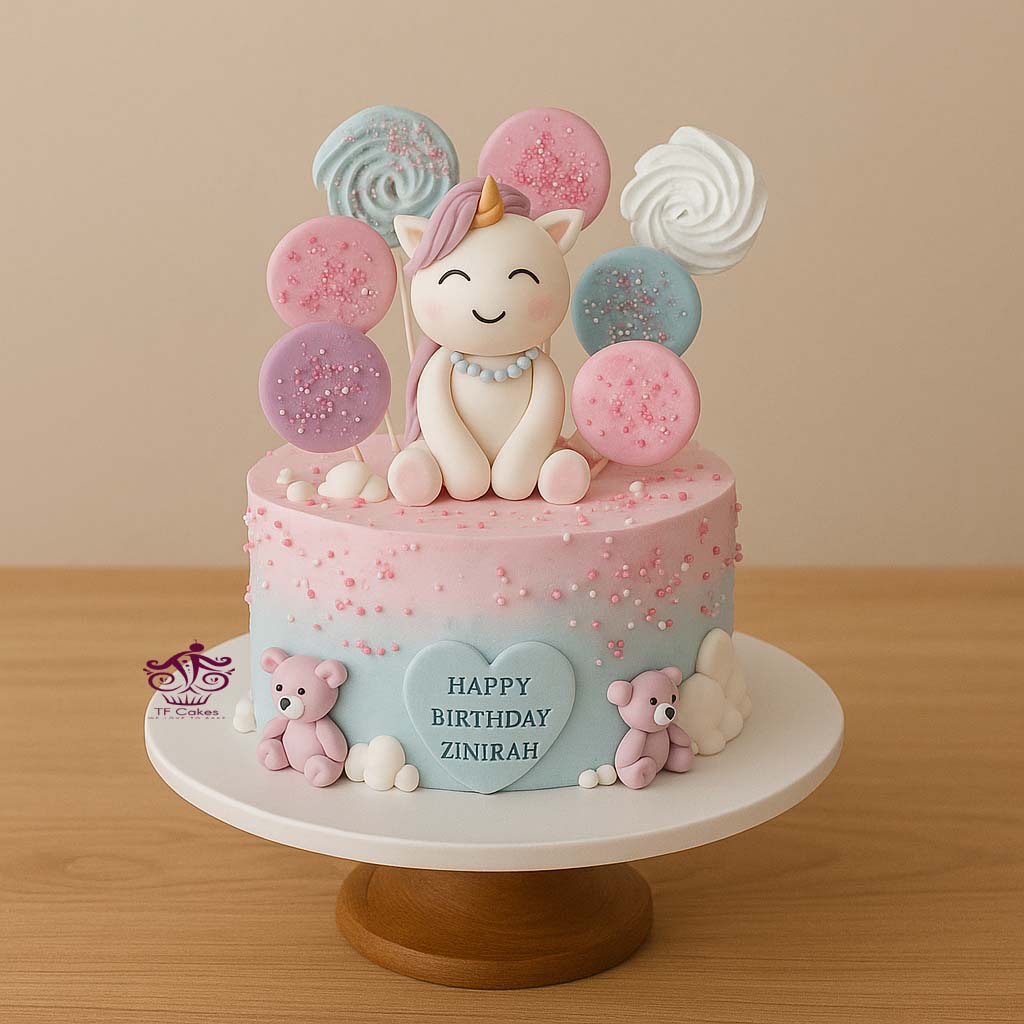 Pastel Lollipop Unicorn Cake - TF Cakes Online Delivery Freshly baked handcrafted Pastel Lollipop Unicorn Cake – Cake design by TF Cakes