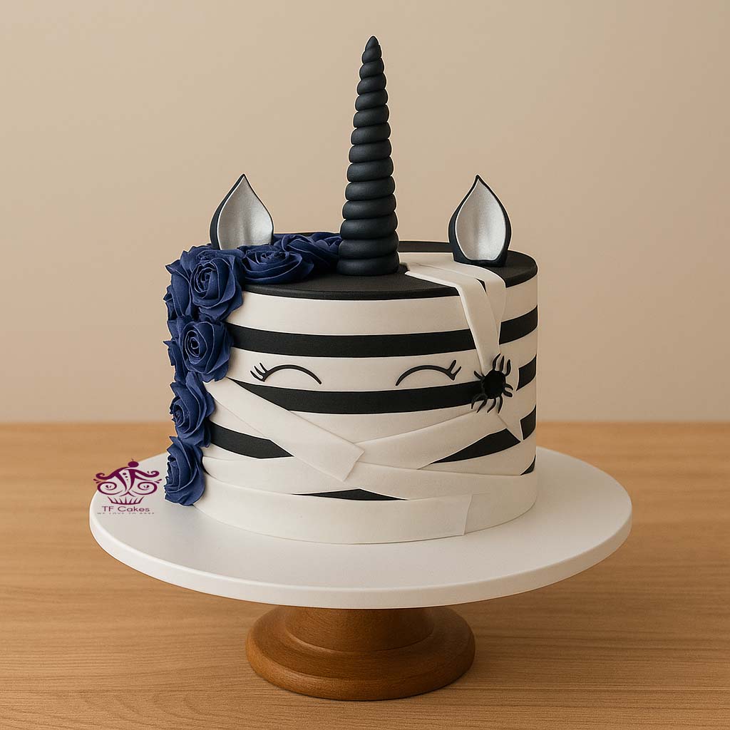 Monochrome Unicorn Mummy Cake - TF Cakes Online Delivery Freshly baked handcrafted Monochrome Unicorn Mummy Cake – Cake design by TF Cakes