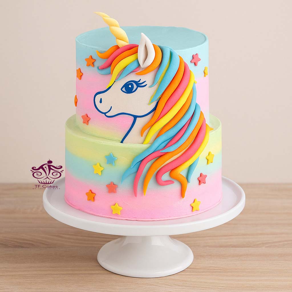 Rainbow Mane Unicorn Cake - TF Cakes Online Delivery Freshly baked handcrafted Rainbow Mane Unicorn Cake – Cake design by TF Cakes