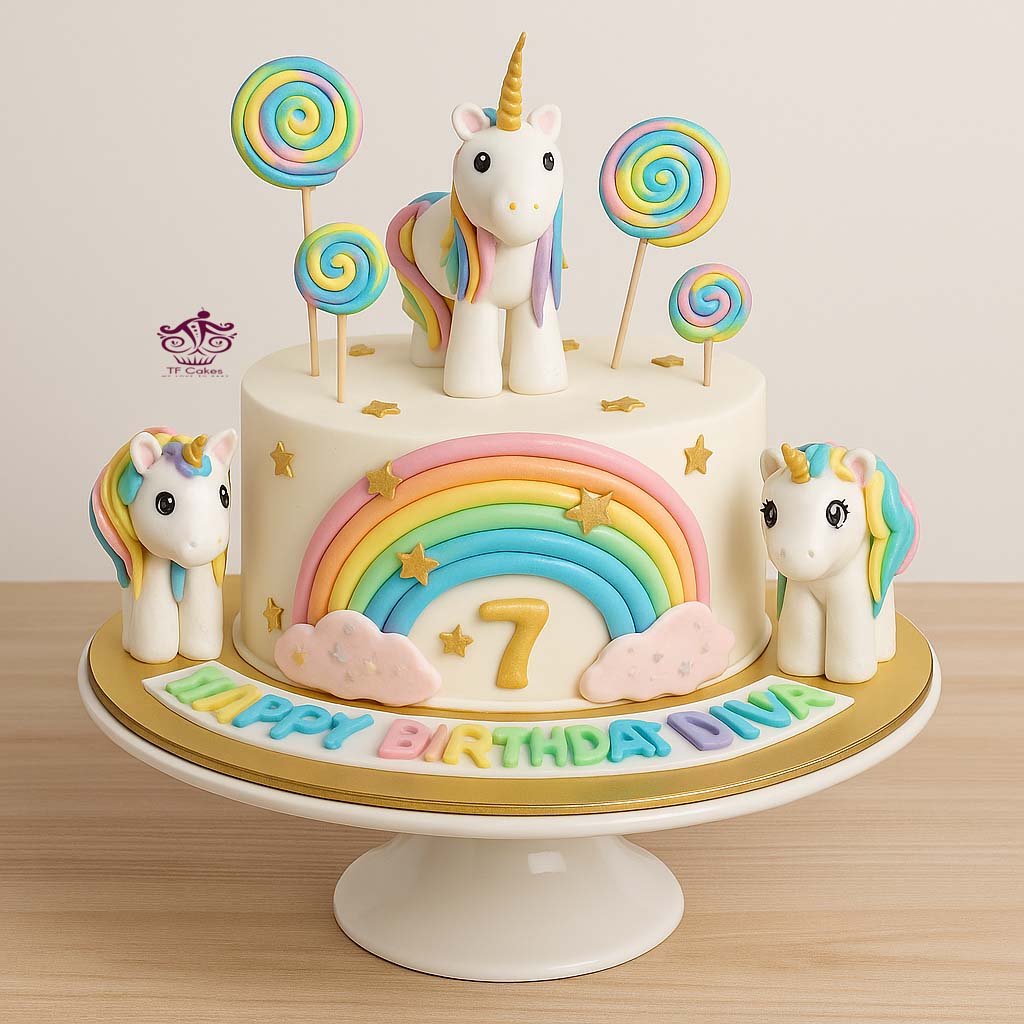 Unicorn & Rainbow Birthday Cake - TF Cakes Online Delivery Freshly baked handcrafted Unicorn & Rainbow Birthday Cake – Cake design by TF Cakes