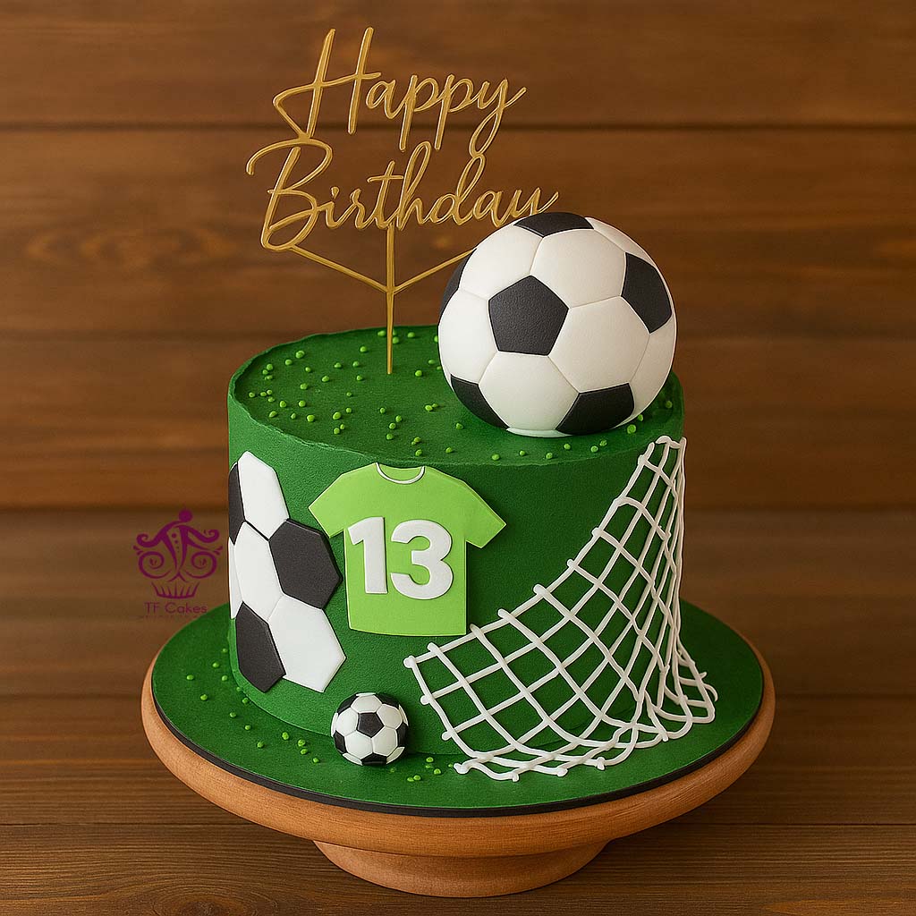 Football Cake with Jersey 13 - TF Cakes Online Delivery Freshly baked handcrafted Football Cake with Jersey 13 – Cake design by TF Cakes