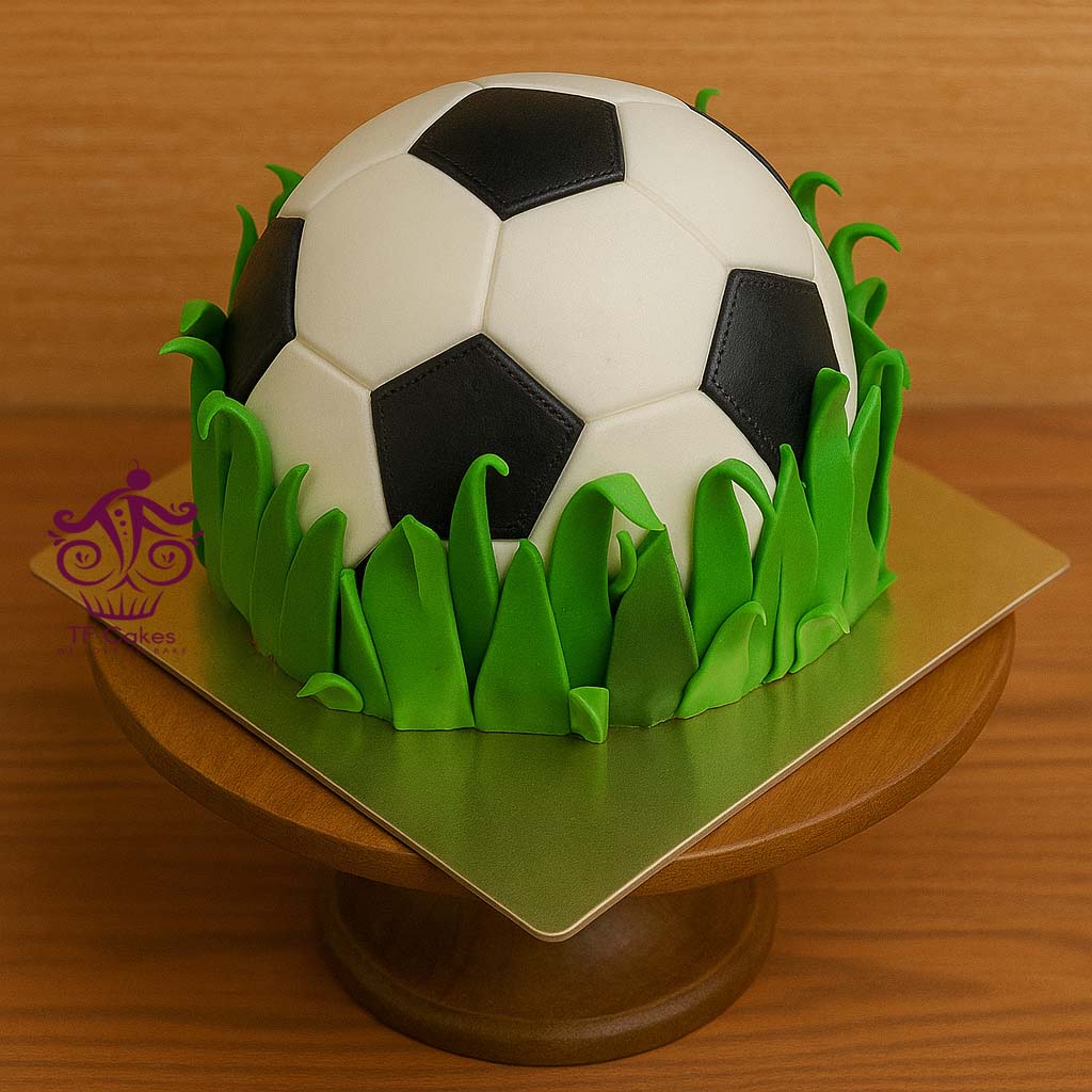3D Football Cake in Grass - TF Cakes Online Delivery Freshly baked handcrafted 3D Football Cake in Grass – Cake design by TF Cakes