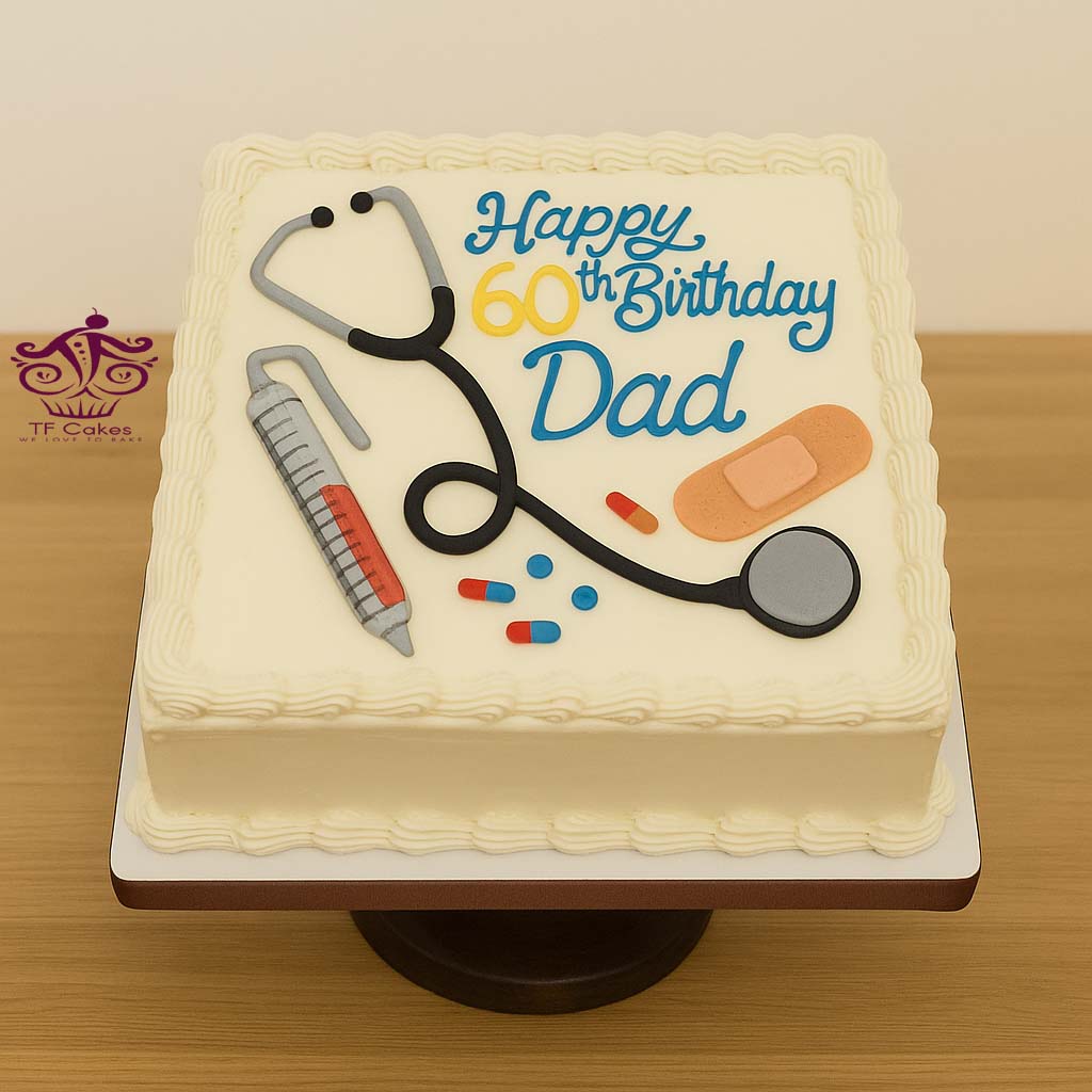 Freshly baked handcrafted Doctor Birthday Cake for Dad – Cake design by TF Cakes