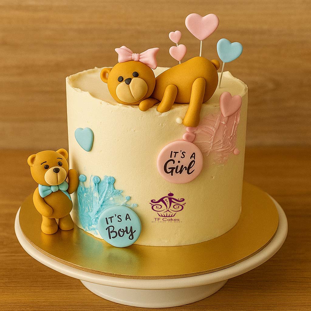 Teddy Bear Gender Reveal Cake - TF Cakes Online Delivery Freshly baked handcrafted Teddy Bear Gender Reveal Cake – Cake design by TF Cakes