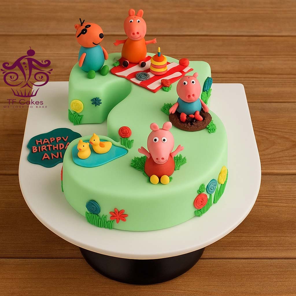 Peppa Pig Picnic Number Cake - TF Cakes Online Delivery Freshly baked handcrafted Peppa Pig Picnic Number Cake – Cake design by TF Cakes