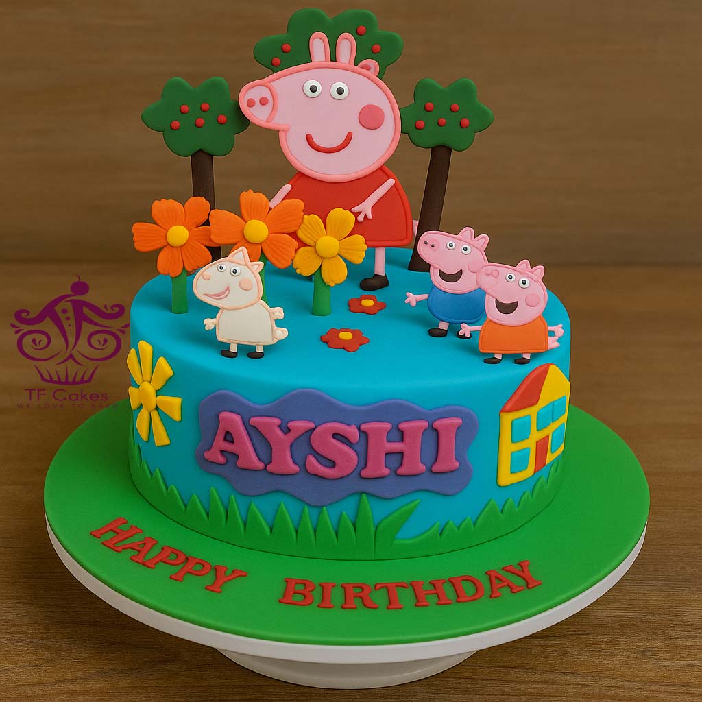 Peppa Pig Garden Theme Cake - TF Cakes Online Delivery Freshly baked handcrafted Peppa Pig Garden Theme Cake – Cake design by TF Cakes