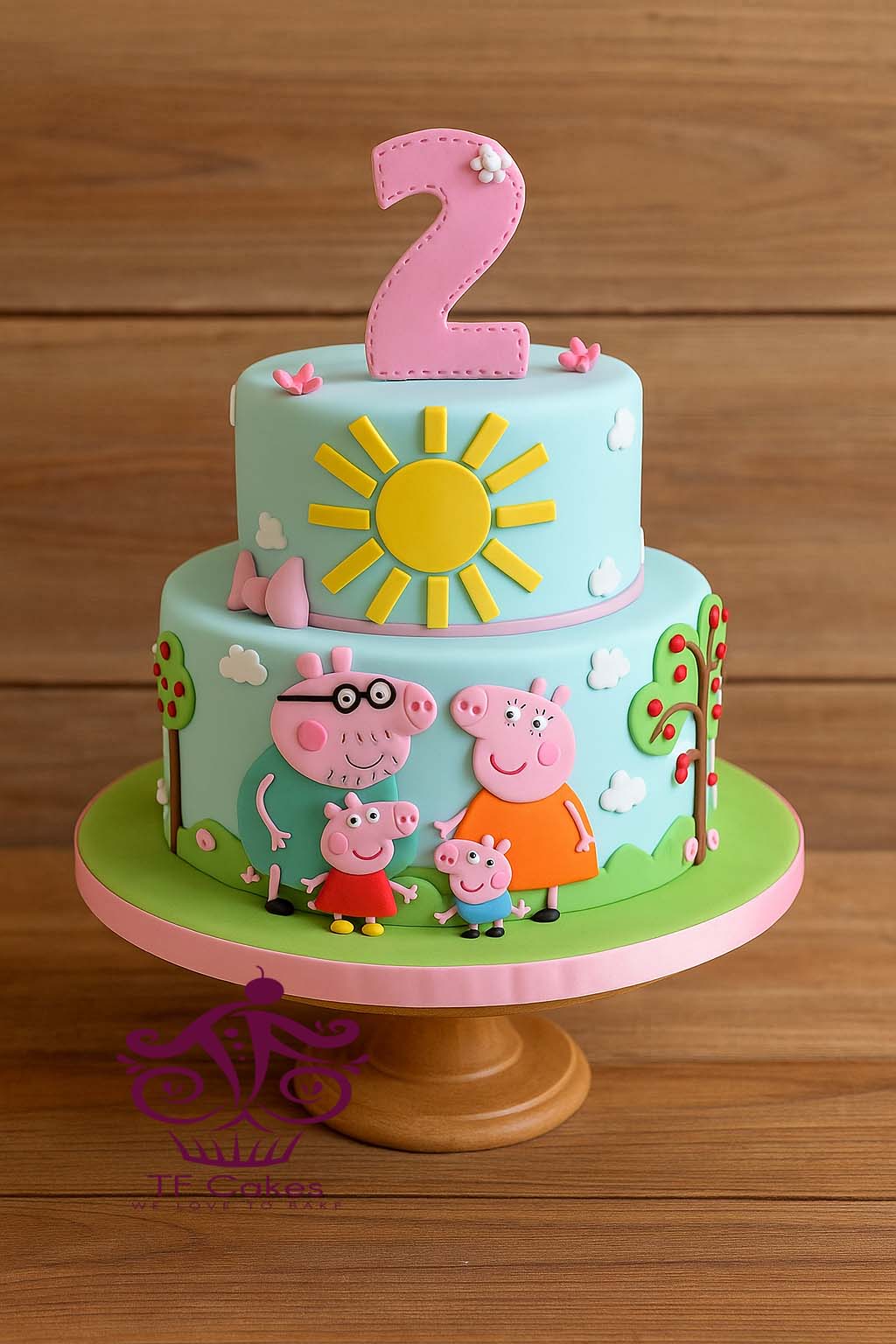Two Tier Peppa Family Theme Cake - TF Cakes Online Delivery Freshly baked handcrafted Two Tier Peppa Family Theme Cake – Cake design by TF Cakes