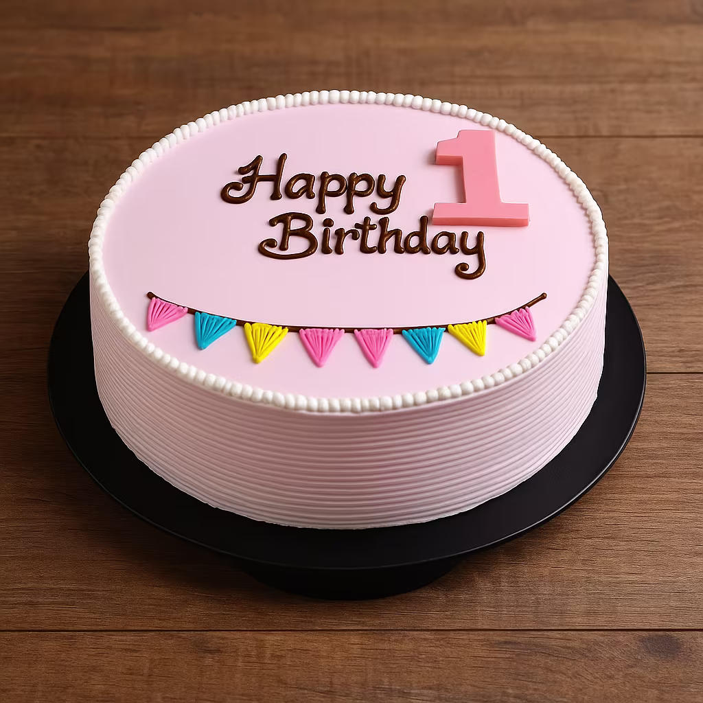 Pink Round 1st Birthday Cake with Colorful Bunting - TF Cakes Online Delivery Freshly baked handcrafted Pink Round 1st Birthday Cake with Colorful Bunting – Cake design by TF Cakes