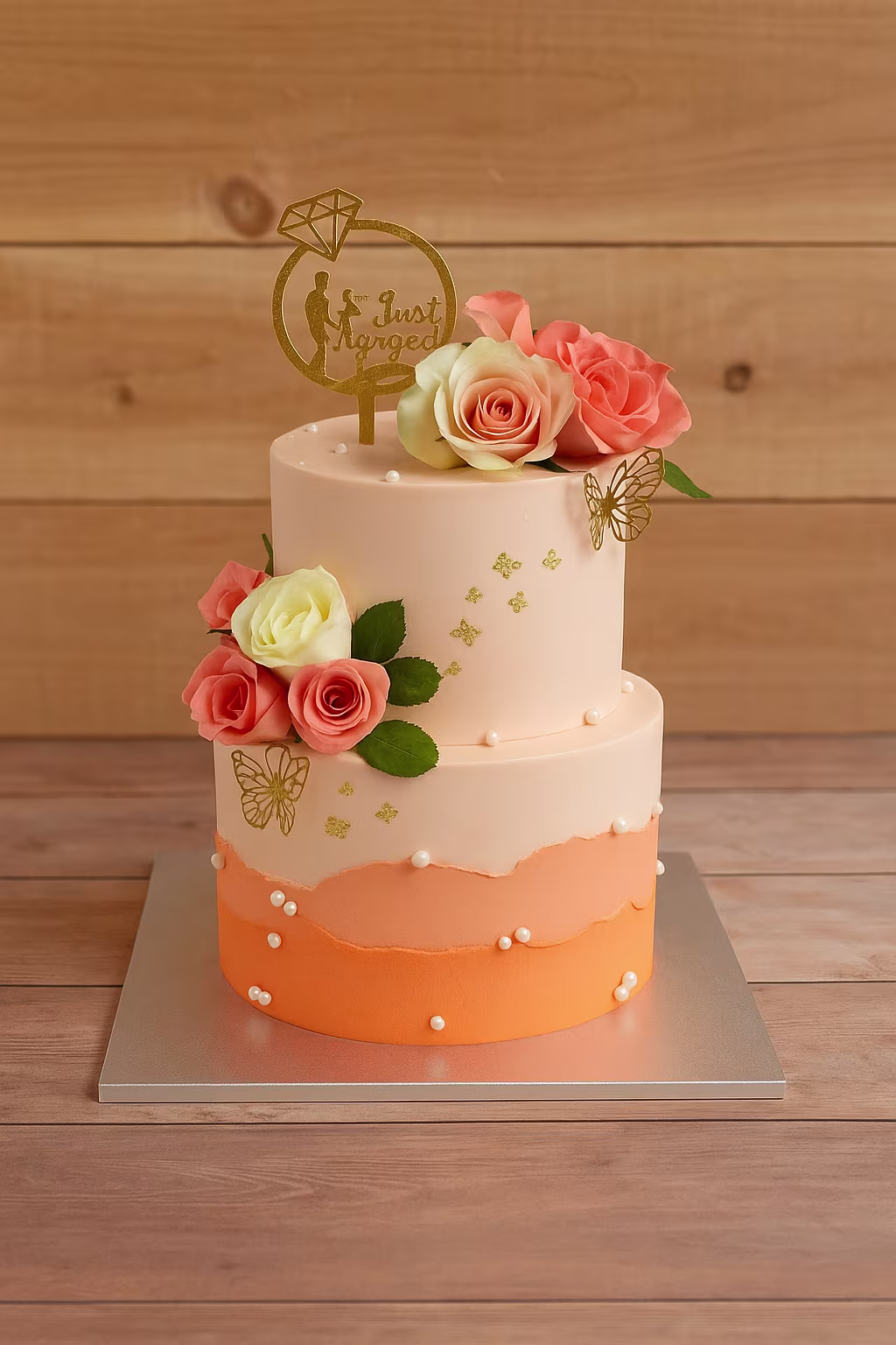 Just Engaged Peach & Orange Floral Cake - TF Cakes Online Delivery Freshly baked handcrafted Just Engaged Peach & Orange Floral Cake – Cake design by TF Cakes
