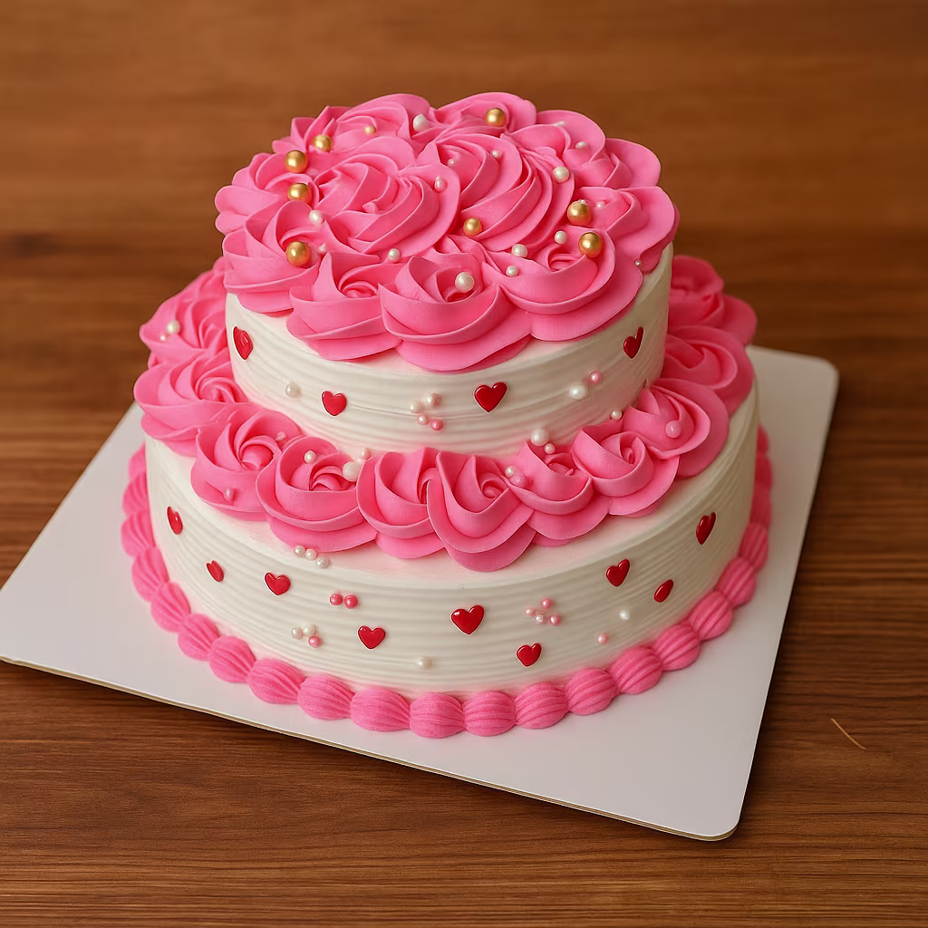 Pink Heart Rosette Cake - TF Cakes Online Delivery Freshly baked handcrafted Pink Heart Rosette Cake – Cake design by TF Cakes
