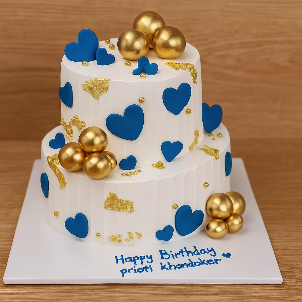 Blue & Gold Heart Cake - TF Cakes Online Delivery Freshly baked handcrafted Blue & Gold Heart Cake – Cake design by TF Cakes