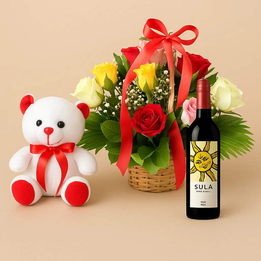 Mixed Roses with Sula Rose Wine - TF Cakes Online Delivery Freshly baked handcrafted Mixed Roses with Sula Rose Wine – Cake design by TF Cakes