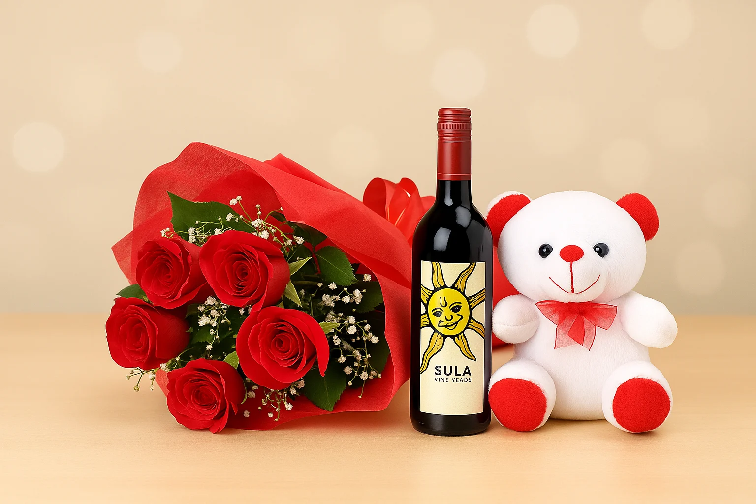 Sula Red Wine & Red Roses Bouquet - TF Cakes Online Delivery Freshly baked handcrafted Sula Red Wine & Red Roses Bouquet – Cake design by TF Cakes