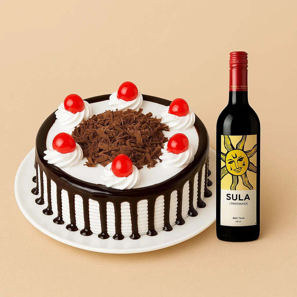 Black Forest Cake & Sula Wine Duo - TF Cakes Online Delivery Freshly baked handcrafted Black Forest Cake & Sula Wine Duo – Cake design by TF Cakes