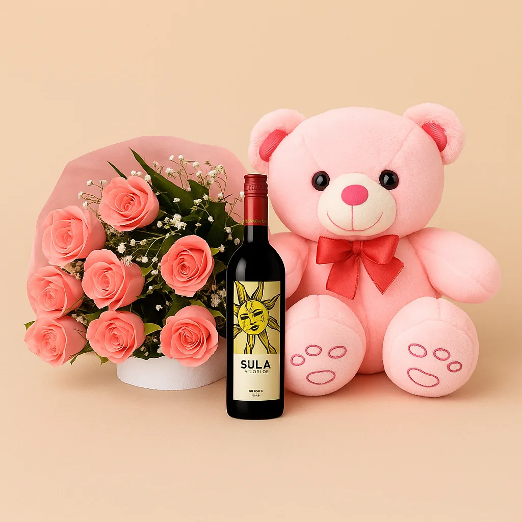 Love Hamper – Pink Roses, Teddy & Wine - TF Cakes Online Delivery Freshly baked handcrafted Love Hamper – Pink Roses, Teddy & Wine – Cake design by TF Cakes