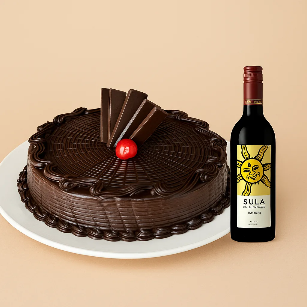 Chocolate Truffle Cake & Sula Wine - TF Cakes Online Delivery Freshly baked handcrafted Chocolate Truffle Cake & Sula Wine – Cake design by TF Cakes