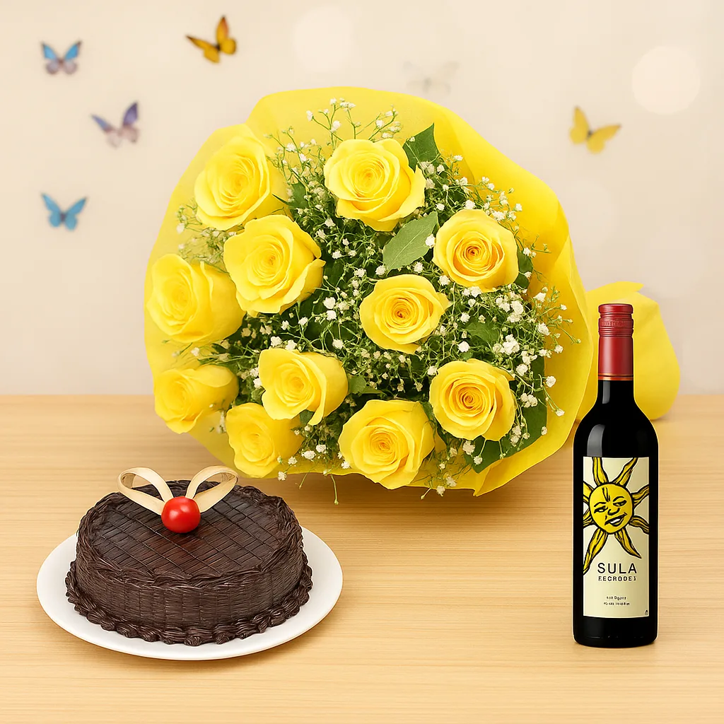 Wine, Yellow Roses & Chocolate Cake - TF Cakes Online Delivery Freshly baked handcrafted Wine, Yellow Roses & Chocolate Cake – Cake design by TF Cakes