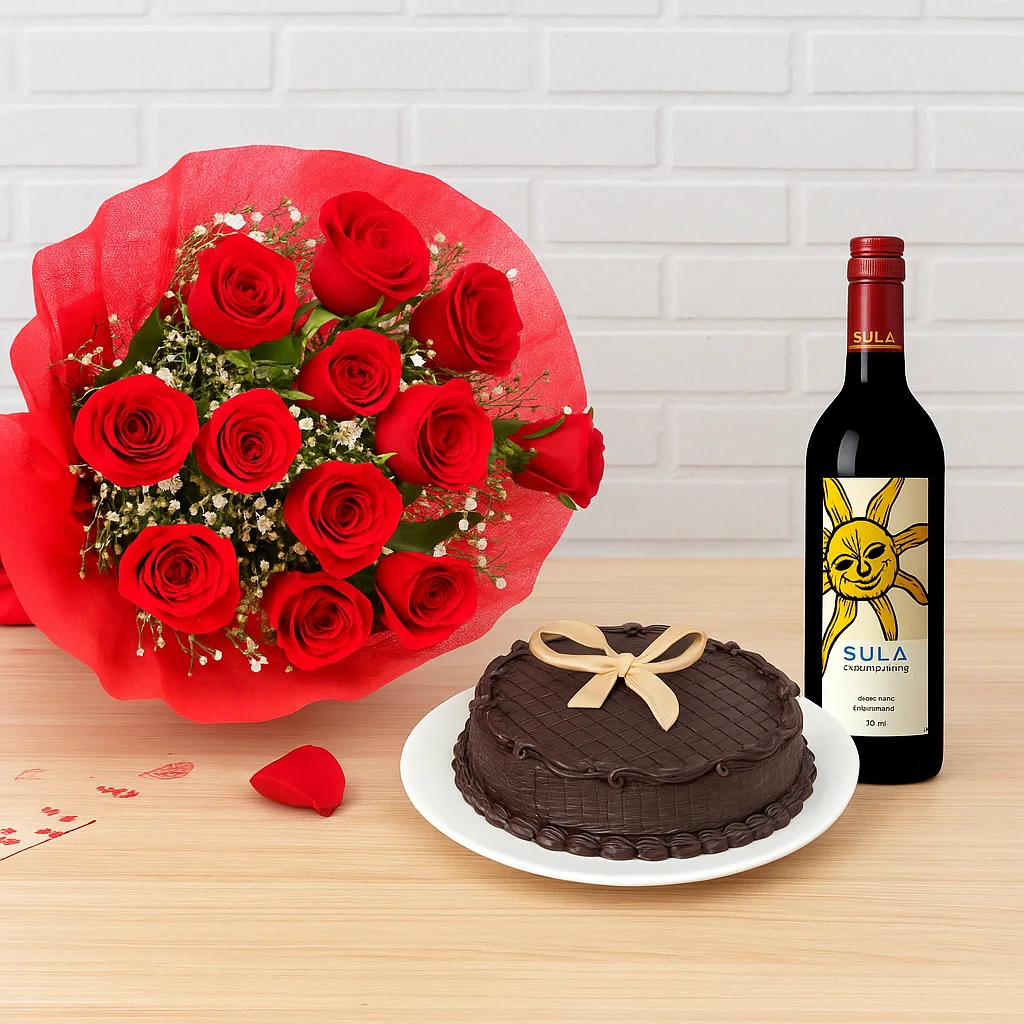 Sula Wine with Red Roses & Chocolate Cake - TF Cakes Online Delivery Freshly baked handcrafted Sula Wine with Red Roses & Chocolate Cake – Cake design by TF Cakes