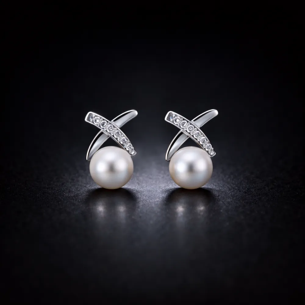 Tavira 92.5 Silver Moissanite Cross over Pearl Earrings - TF Cakes Online Delivery Freshly baked handcrafted Tavira 92.5 Silver Moissanite Cross over Pearl Earrings – Cake design by TF Cakes