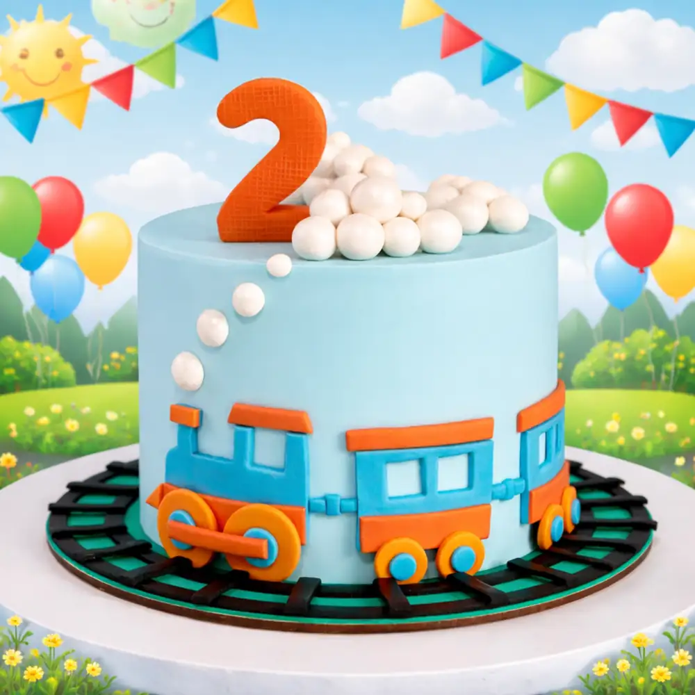 Train Theme 2nd Birthday Cake - TF Cakes Online Delivery Freshly baked handcrafted Train Theme 2nd Birthday Cake – Cake design by TF Cakes