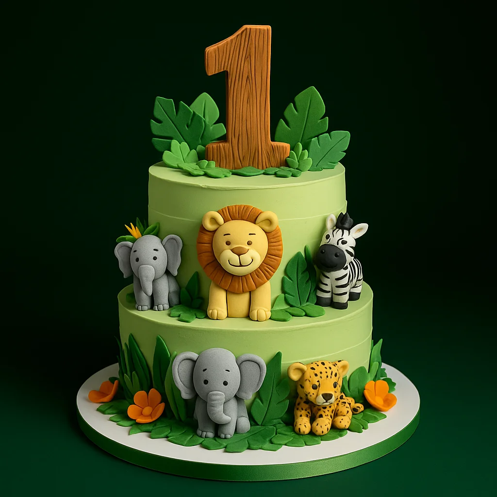 Two Tier Forest Jungle Animals Cake - TF Cakes Online Delivery Freshly baked handcrafted Two Tier Forest Jungle Animals Cake – Cake design by TF Cakes