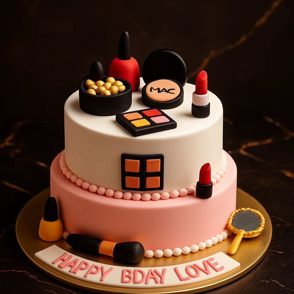 Two Tier Glam Makeup Cake - TF Cakes Online Delivery Freshly baked handcrafted Two Tier Glam Makeup Cake – Cake design by TF Cakes