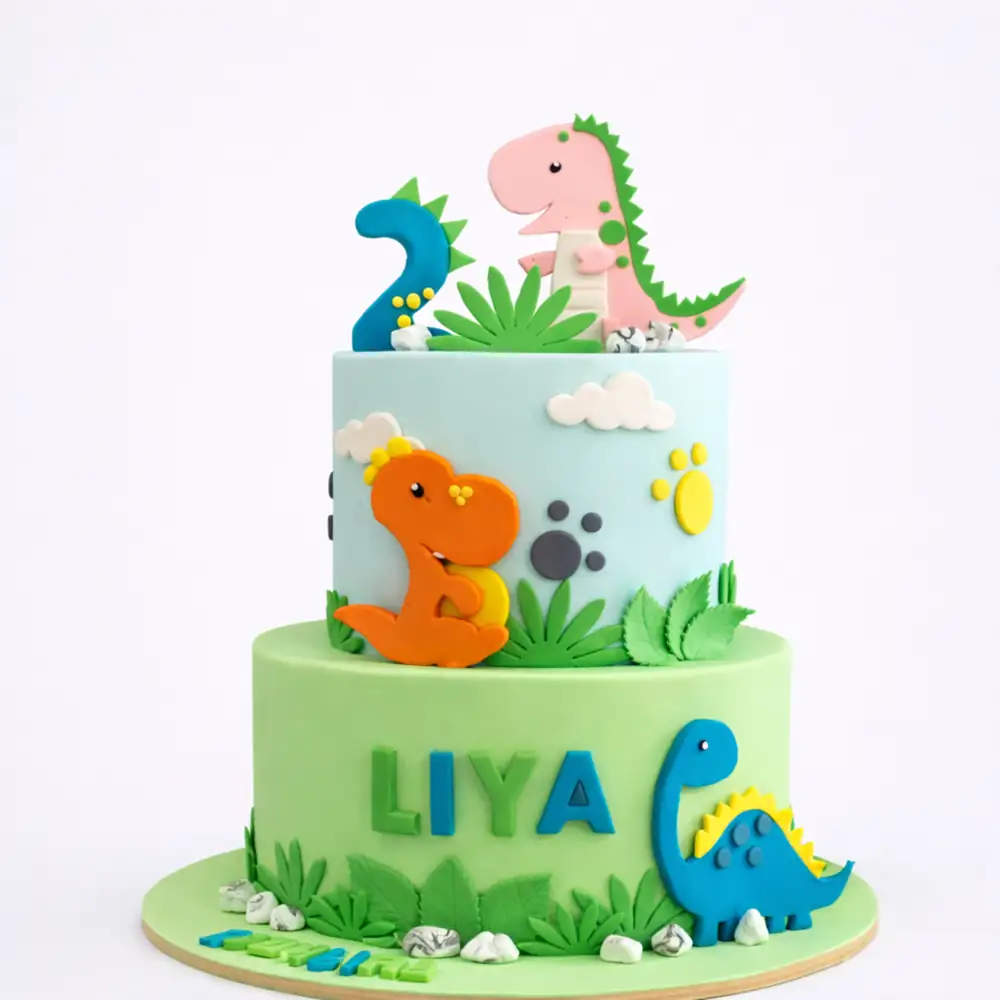 Two Tier Dinosaur Birthday Cake - TF Cakes Online Delivery Freshly baked handcrafted Two Tier Dinosaur Birthday Cake – Cake design by TF Cakes