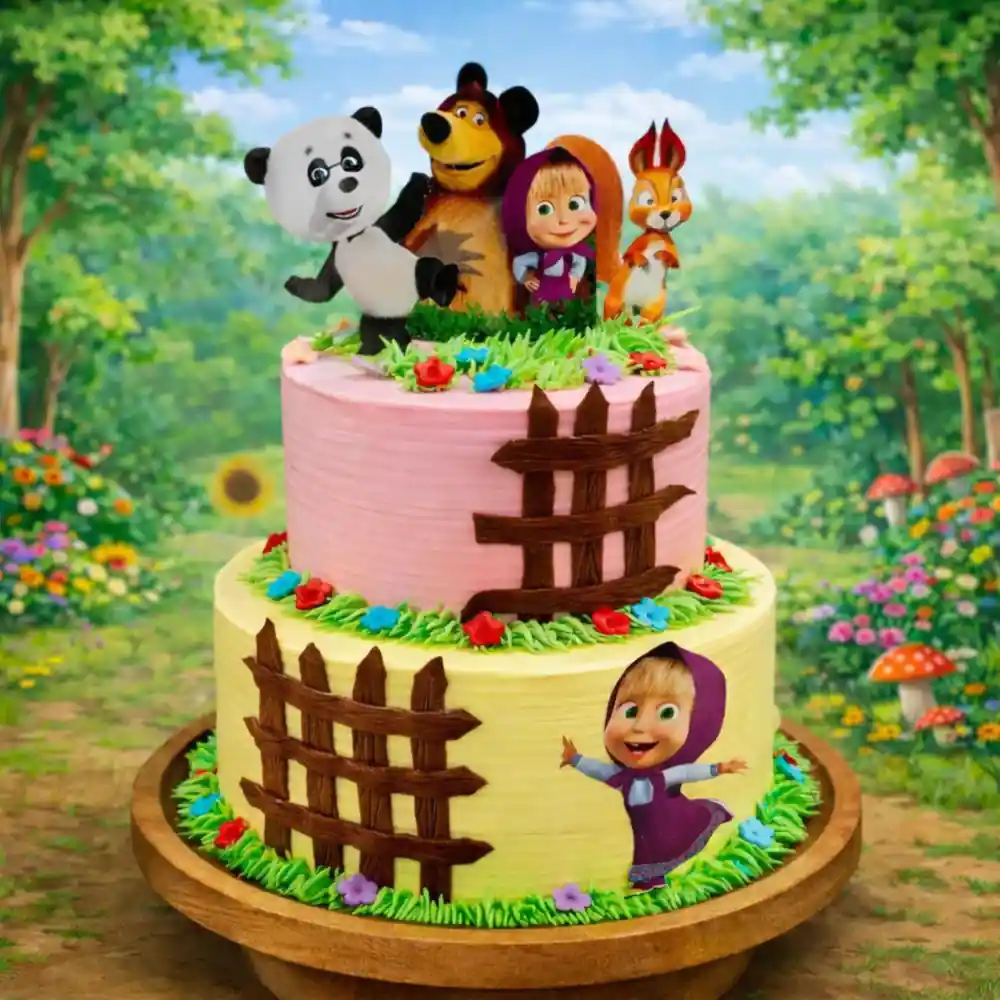 Two Tier Masha and Bear Cartoon Cake - TF Cakes Online Delivery Freshly baked handcrafted Two Tier Masha and Bear Cartoon Cake – Cake design by TF Cakes
