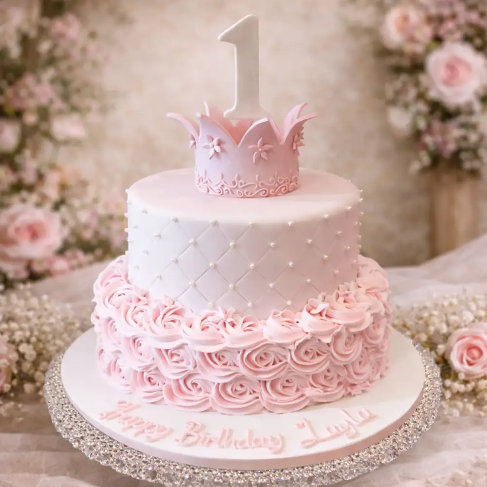 Two Tier Princess Crown Birthday Cake - TF Cakes Online Delivery Freshly baked handcrafted Two Tier Princess Crown Birthday Cake – Cake design by TF Cakes
