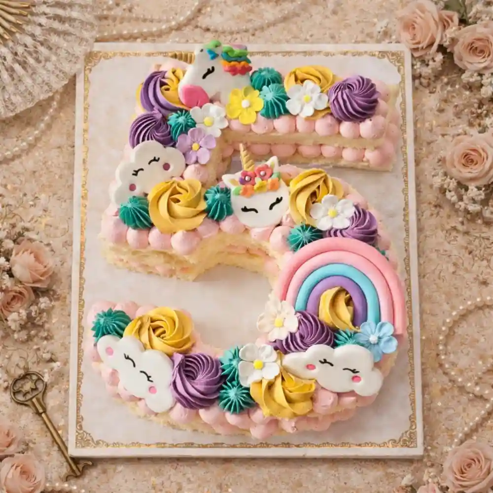 Unicorn Rainbow Number 5 Cake - TF Cakes Online Delivery Freshly baked handcrafted Unicorn Rainbow Number 5 Cake – Cake design by TF Cakes