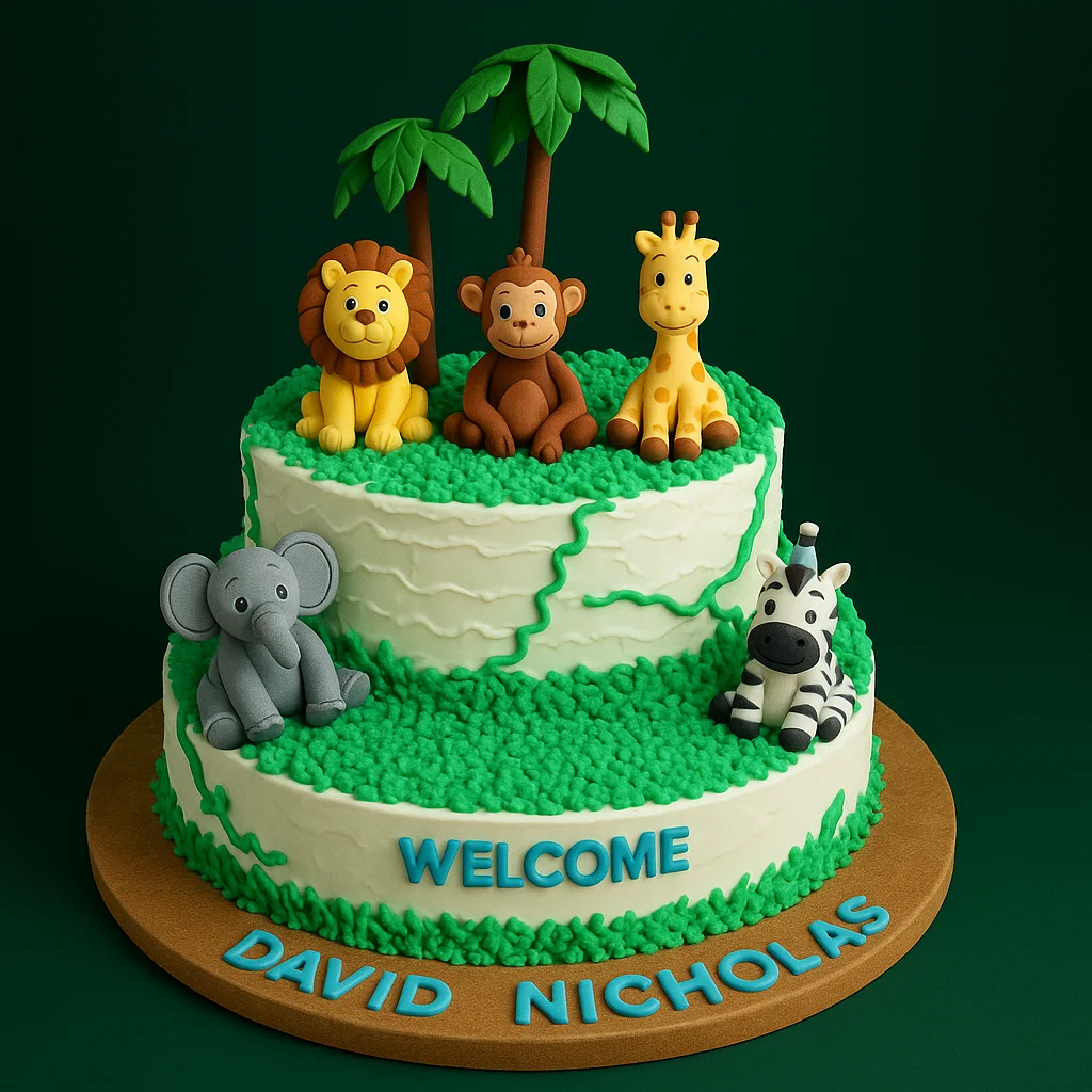 Welcome Baby Jungle Theme Cake - TF Cakes Online Delivery Freshly baked handcrafted Welcome Baby Jungle Theme Cake – Cake design by TF Cakes