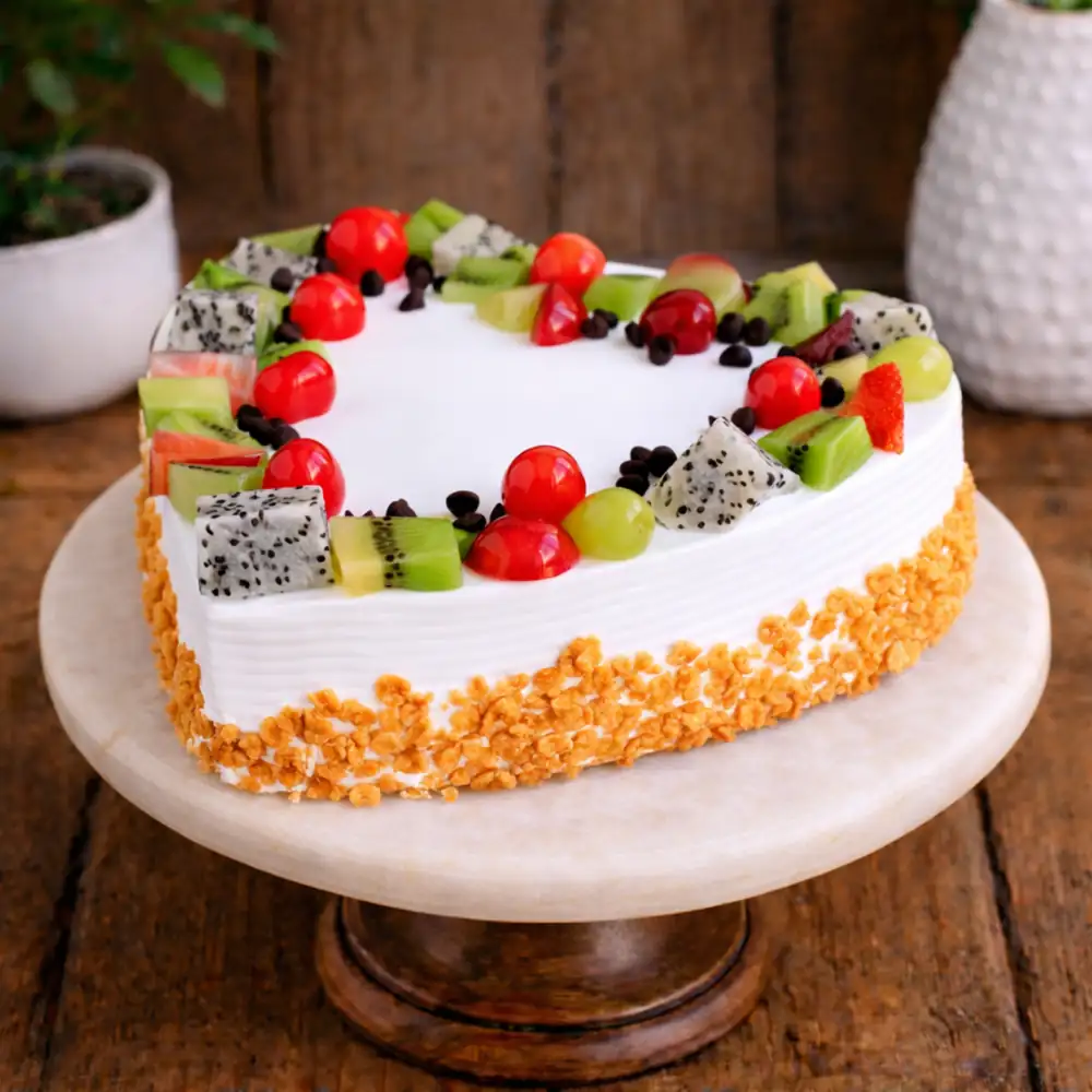 White Cream Fruit Heart Cake - TF Cakes Online Delivery Freshly baked handcrafted White Cream Fruit Heart Cake – Cake design by TF Cakes