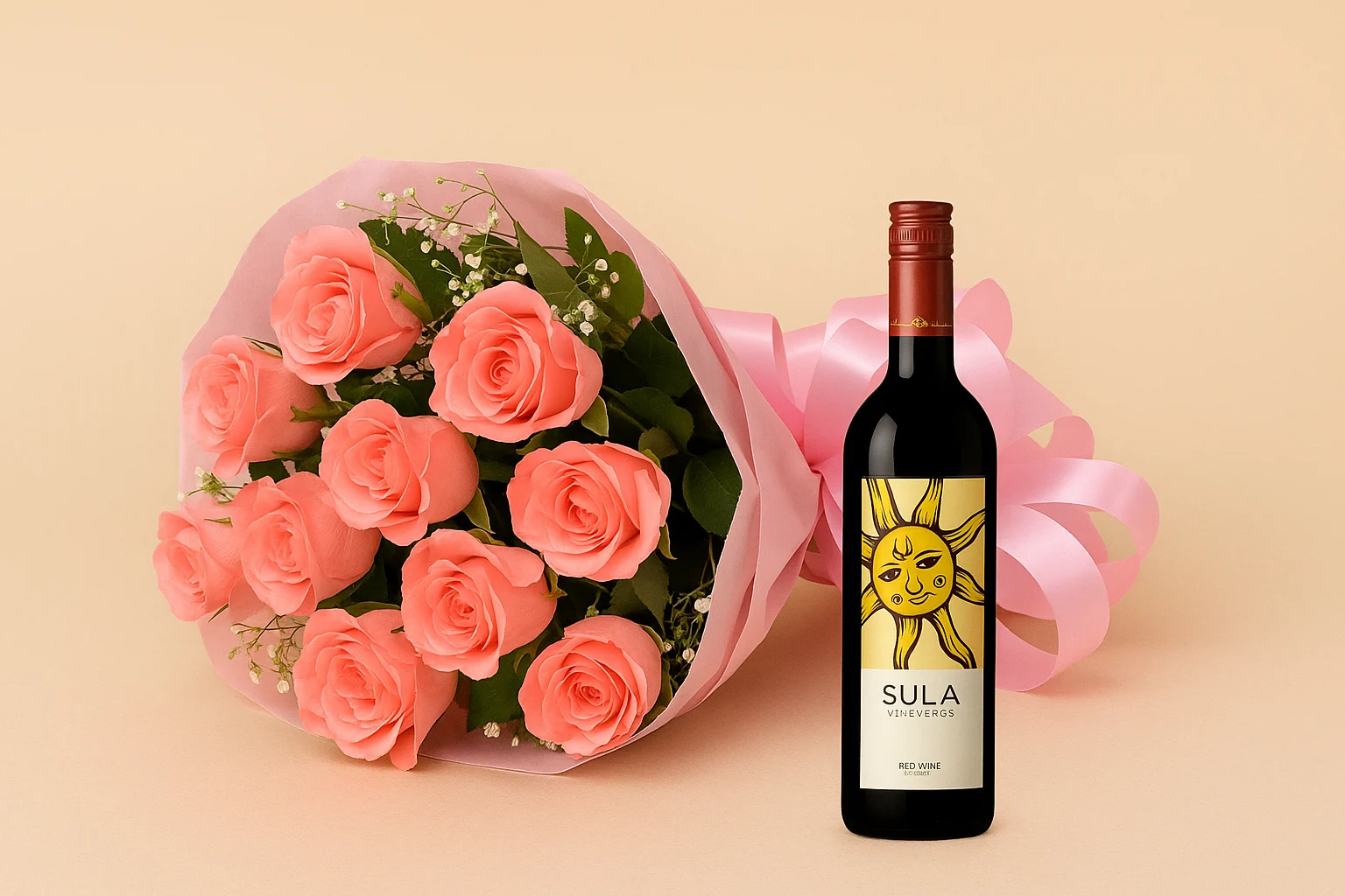 Sula Wine & Pink Roses Bouquet - TF Cakes Online Delivery Freshly baked handcrafted Sula Wine & Pink Roses Bouquet – Cake design by TF Cakes