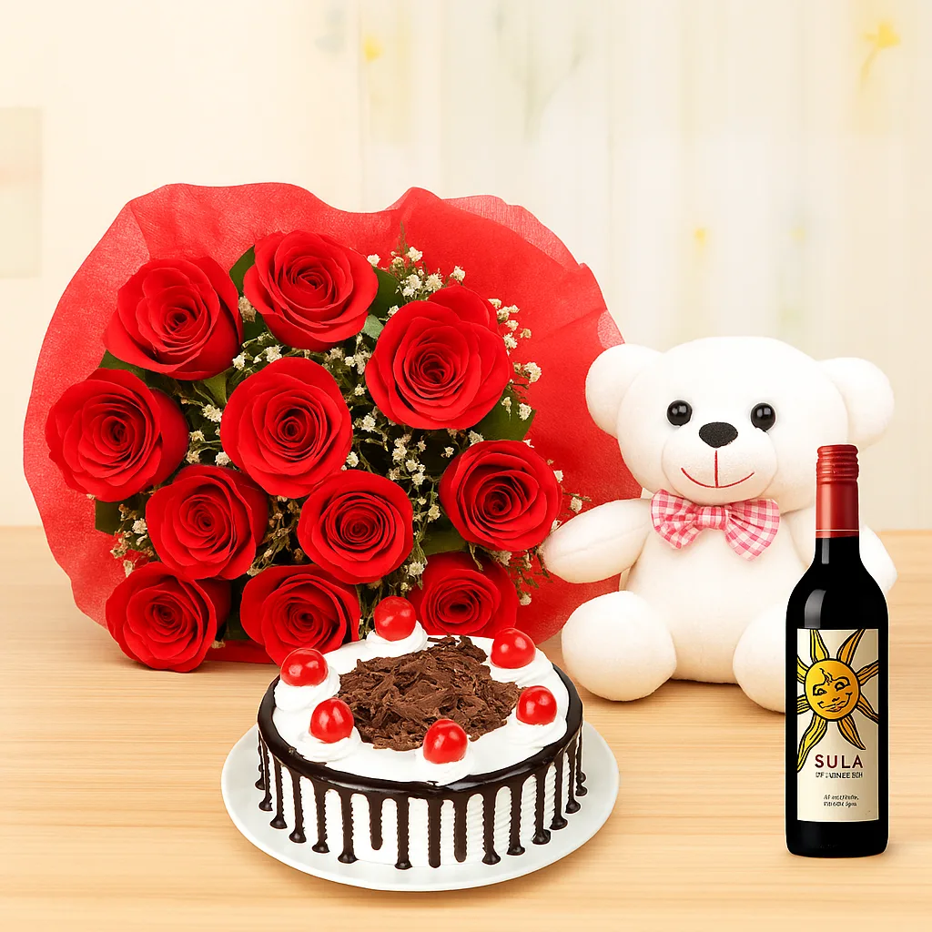 Sula Wine with a Soft Teddy Bear Flowers - TF Cakes Online Delivery Freshly baked handcrafted Sula Wine with a Soft Teddy Bear Flowers – Cake design by TF Cakes