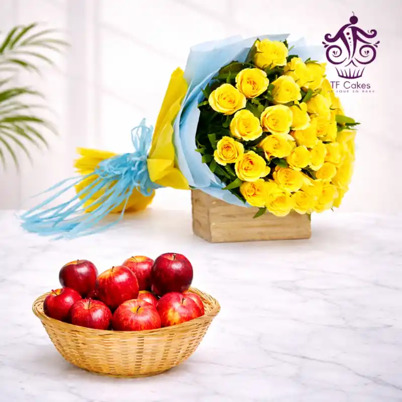 Yellow Roses Bouquet with Fresh Apple Basket - TF Cakes Online Delivery Freshly baked handcrafted Yellow Roses Bouquet with Fresh Apple Basket – Cake design by TF Cakes